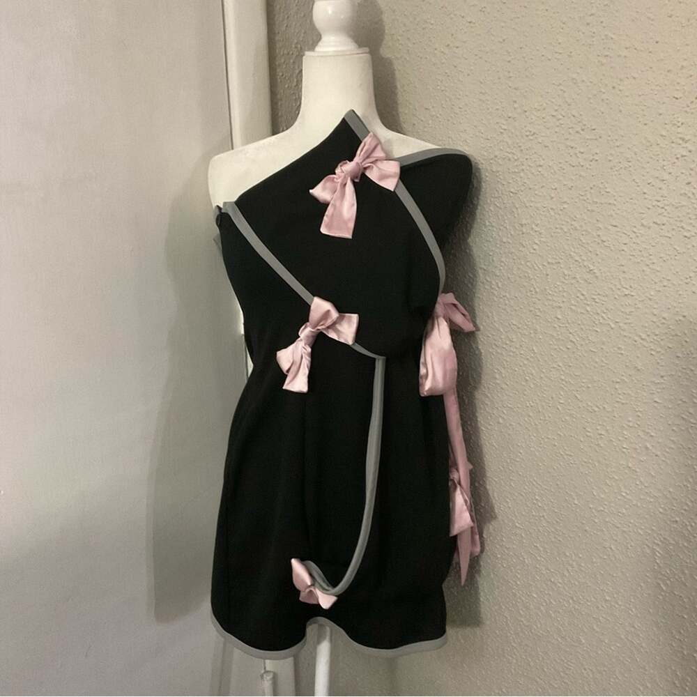 SHEIN X Trang Duong Bow Front Tube Fitted Dress Contrast Binding L Coquette Girl